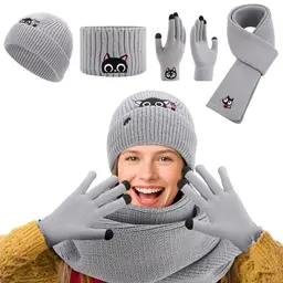 Halinuia 4-teiliges Set für Damen: Beanie, Schal & Touchscreen-Handschuhe für Katzenliebhaber