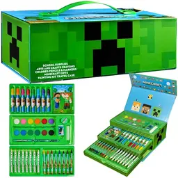 Minecraft Bastelset für Kinder – Tragbarer Malkoffer mit Aquarellfarben, Buntstiften und Malbuch