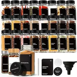 24er Set Gewürzgläser mit Deckel, 120ml, schwarz, inkl. Etiketten und Trichter – luftdichte Gewürzdosen für Organizer