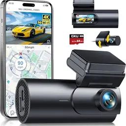GKU 4K Dashcam für Auto, Front- und Rückkamera, WiFi, GPS, 64GB SD Karte, Parküberwachung, Nachtaufnahme, 170° Weitwinkel