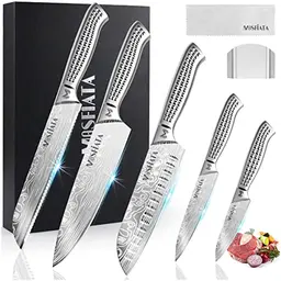 MOSFiATA Küchenmesser Set, 5-teilig, Kochmesser, Santoku, Utility, Brot- und Schälenmesser, mit Fingerschutz und Geschenkbox