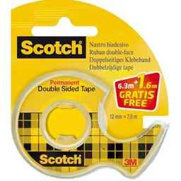 Scotch doppelseitiges Klebeband, 1 Roll mit Handspender + 25% extra, 12 mm x 7,88 m, transparent, stark und langlebig