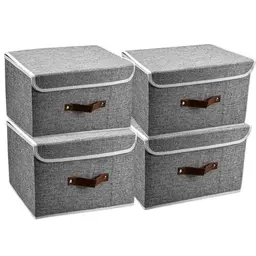 KYYGKY 4 Faltbare Aufbewahrungskörbe Grau - Stoffbox mit Griff und Deckel, 37,5 x 24,5 x 24,5 cm, Organizer für Kleidung und Bücher