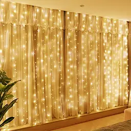 HXWEIYE 300LED Lichtervorhang Warmweiß, 3m x 3m mit Fernbedienung & Timer für Weihnachten und Partys