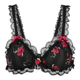 Satini Sissy Rüschen Bralette BH mit Rosenmuster (Schwarz, M)