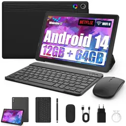 10 Zoll Android Tablet 8-in-1 Kit mit Hülle, Tastatur und Stift - 12 GB RAM, 64 GB ROM, erweiterbar