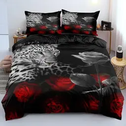 DXHOME Leoparden Bettwäsche 200x220 cm Rot mit Rosenmuster - 3-teilig für Doppelbett mit Reißverschluss und 2 Kissenbezügen