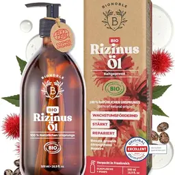 BIONOBLE Rizinusöl Bio - 100% Natürlich & Kaltgepresst - Für Haare, Wimpern & Haut - 500ml mit Pumpe