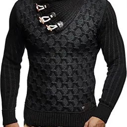 Leif Nelson Herren Strickpullover mit Schalkragen - Moderner Wollpullover Schwarz Anthrazit
