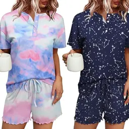 Ekouaer Damen Baumwoll Schlafanzug 2er Pack Kurzarm Pyjamas mit Shorts Sleepwear
