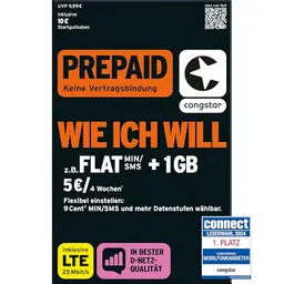 congstar Prepaid SIM-Karte ohne Vertrag I Wunschmix 1-15 GB I 10 EUR Startguthaben