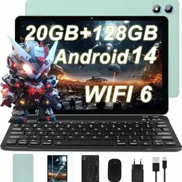 JUEDUR Android 14 Tablet 10 Zoll, 20GB RAM, 128GB ROM, WiFi 6, Octa-Core, 6000mAh, mit Tastatur und Maus - Creek Grün