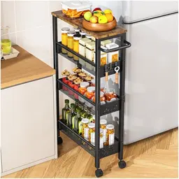 OrderlyGo Küchenwagen Schwarz, 4 Ebenen mit Rollen und Holzplatte