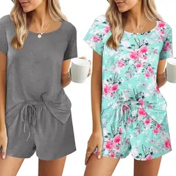 Ekouaer Damen Schlafanzug 2er Pack, Kurzarm, Bequemer Hausanzug mit Kordelzug, Grau mit Blumen, Größe 3L