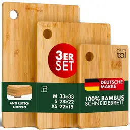 Blumtal 3er Set Bambus Schneidebrett (XS, S, M) - mit Aufhängeloch und Silikonfuß