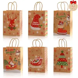 12 Geschenktüten Weihnachten Klein mit Griffen, 6 Stile mit Weihnachtsdruck, 21cm x 15cm x 8cm