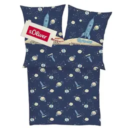 s.Oliver Kinderbettwäsche Universum 135x200 cm – 100% Baumwolle, Astronaut & Rakete, 2tlg. blau