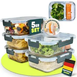 uandu Meal Prep Boxen aus Glas mit 2 Fächern – 5-teilig – BPA-frei und mikrowellengeeignet