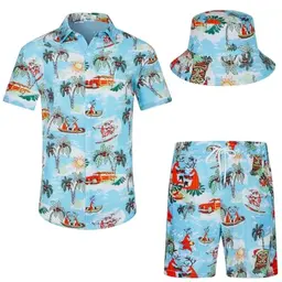 Herren Weihnachts-Hawaiihemd & Shorts Set, Strandoutfit, Tropenlook, Blau, Größe XXL