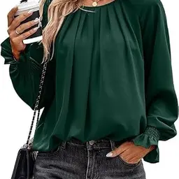 Toplop Damen Bluse mit Rüschen und Laternenärmeln - Elegantes Langarmshirt in A-Grün, V-Ausschnitt, Brusttaschen