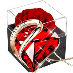 Ewige Rose Box mit Rubin Kette - Konservierte Rote Rose Geschenkset für Frauen am Valentinstag, Weihnachten, Muttertag
