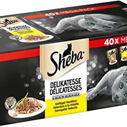 Sheba Katzennassfutter Delikatesse in Gelee, 40 Portionsbeutel – feine Geflügelvariation mit Ente und Huhn