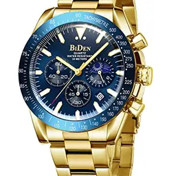 HANPOSH Herren Chronograph Uhr Edelstahl Wasserdicht Analog mit Datum Business Casual (A10 - Gold Blau)