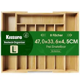 Kitsure Besteckkasten für Schubladen – 8-Fächer Küchen Organizer aus Bambus, 33,6 x 4,5 x 29-47 cm