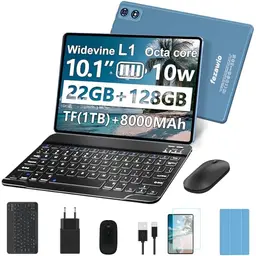 Fezawio 10 Zoll Android 14 Tablet mit 22GB RAM, 128GB ROM, 5G WiFi, Tastatur und Maus, 8000mAh, Blau