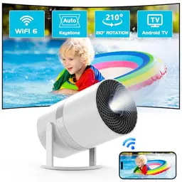 Mini Beamer mit Android OS und 210° Drehung, Smart Beamer mit WiFi6, Bluetooth und 50% Zoom, Full HD 1080P für Heimkino und Outdoor