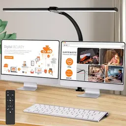LOTTBUTY Doppelkopf LED Schreibtischlampe, dimmbar, 24W, 80cm, schwanenhals, schwarz, klemmbar