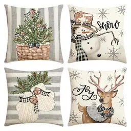 4er Set Kissenbezug Weihnachten 45x45cm - Feines Leinen für weihnachtliche Wohnideen