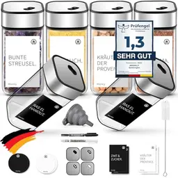 Miorkly 6 Gewürzgläser 120ML Set mit Drehdeckel und Streueinsatz, Edelstahl-Glas Gewürz Organizer mit Trichter und Etikett