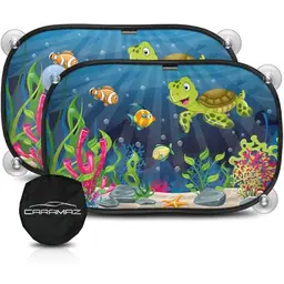 CARAMAZ Sonnenschutz Auto Baby – 2 Stück, UV-Schutz, 48x30 cm, mit Saugnäpfen, Motiv: Grün-Turtle