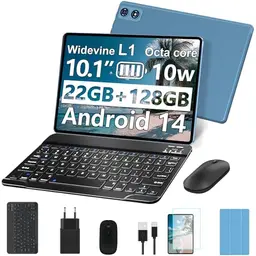 fezawio 10 Zoll Android 14 Tablet mit 22GB RAM, 128GB ROM, 5G WiFi, Tastatur, Maus und 8000mAh Akku (Blau)