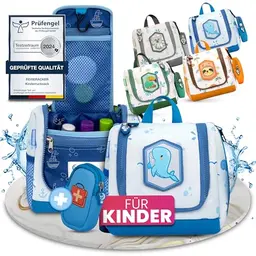 REISERACKER Kulturbeutel für Kinder mit Medi Tasche - Aufhängbare Kulturtasche für Jungen und Mädchen