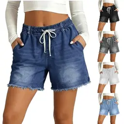 Damen Jeans-Shorts mit Taschen, High Waist, Kordelzug, leicht, bequem, sommerlich