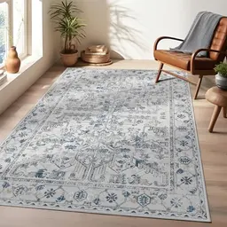 TOPICK Vintage Teppich 150x210 cm Blau Faltbar Waschbar Blumendruck rutschfest für Wohnzimmer und Schlafzimmer