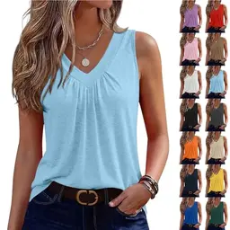 Damen Sommer Top V-Ausschnitt, Ärmellos, Elegant, Basic, Große Größen