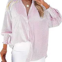 Chicrise Damen Hemd mit V-Ausschnitt und Manschetten, lässiges Oberteil in Rosa, Größe 34-36, Herbstmode
