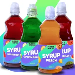 BubbleMania Frucht Sirup MIX 4 x 500 ml – Erdbeere, Grüner Apfel, Pfirsich, Wassermelone | Zuckerfrei für Getränke, Popcorn & Desserts