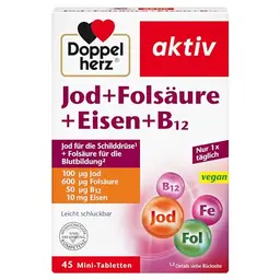 Doppelherz Jod, Folsäure, Eisen & B12 – 45 vegane Mini-Tabletten für Blutbildung