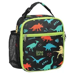 Isolierte Kühltasche für Kinder - Lunchbox mit Flaschenhalter, auslaufsicher, Schwarz mit Dinosaurierdesign