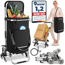 ELONEO Einkaufstrolley Treppensteiger mit Kühlefach, klappbar, höhenverstellbar, Reflektoren, abnehmbare Tasche, 43L, Schwarz