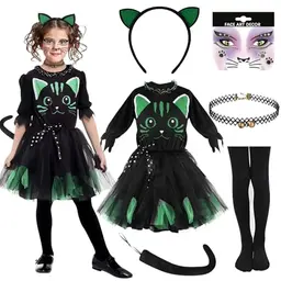 NEUFOOD Katzenkostüm für Kinder, 6-teiliges Set mit Katzenohren, Schwanz und Gesicht Aufkleber für Halloween/Fasching
