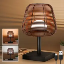 MALUX Kabellose Dimmbare Tischleuchte aus Rattan und Holz, Moderne LED Lampe mit USB Ladefunktion
