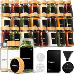 KIVY Gewürzgläser 24x 120ml mit Streueinsatz und 240 wasserfesten Labels, luftdicht, eckig, Schwarz mit Bambusdeckel