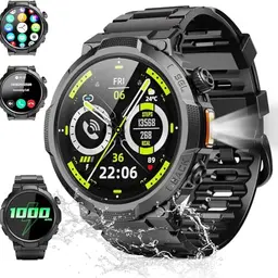 Smartwatch Herren Damen, 1.53" HD 1000mAh Militär Smart Watch mit Telefonfunktion, 100+Sportmodi Fitnessuhr Tracker, IP68 Wasserdicht Sportuhr, Herzfrequenz Schlafmonitor Schrittzähler Android iOS