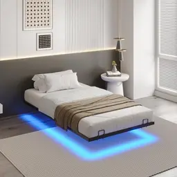DICTAC Bett 90x200 mit LED-Beleuchtung, Metall, schwarz, inkl. Lattenrost, leicht zu montieren, ohne Matratze