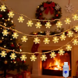 Weihnachts-Schnneeflocken Lichterkette 6m mit 40 LEDs, 8 Modi, USB, Warmweiß, ideal für Deko in Innen- und Außenbereichen